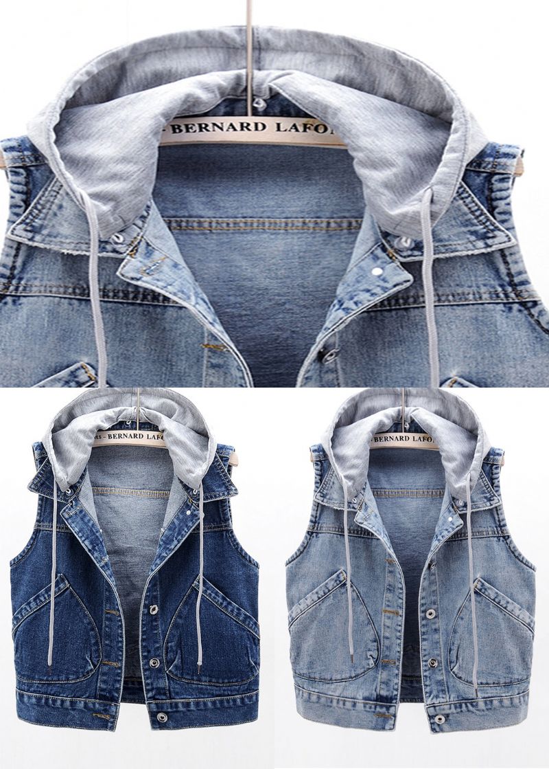 Elegant Lichtblauw Patchwork Zakken Denim Vest Met Capuchon En Mouwloos - Lichtblauw