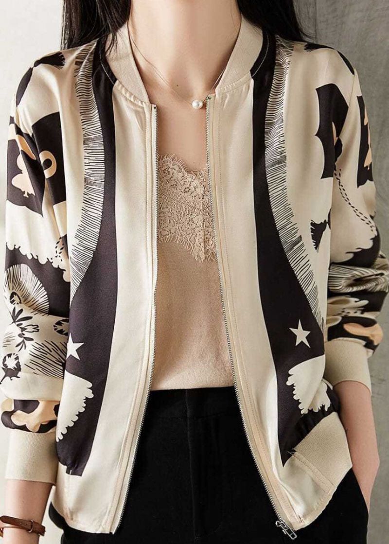 Elegante Beige Zijden Jas Met V-hals En Ritssluiting Met Patchworkprint Lente - Dames winterjassen