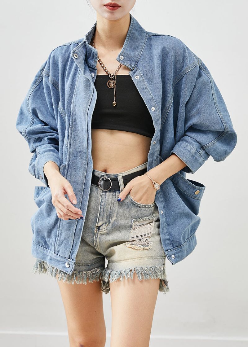 Elegante Blauwe Oversized Denim Jas Met Opstaande Kraag Herfst