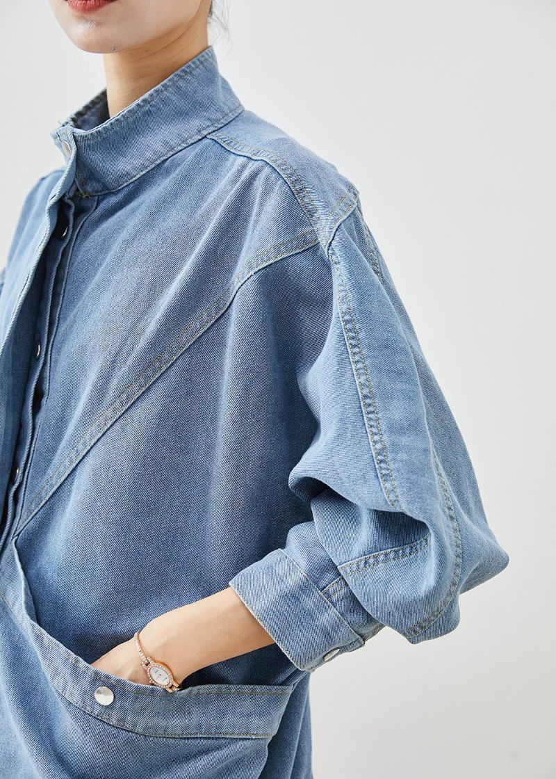 Elegante Blauwe Oversized Denim Jas Met Opstaande Kraag Herfst - Dames winterjassen