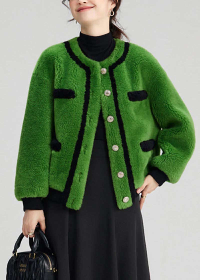 Elegante Groene Knoopzakken Pluizig Bont Pluizige Jassen Met Lange Mouwen - Dames winterjassen