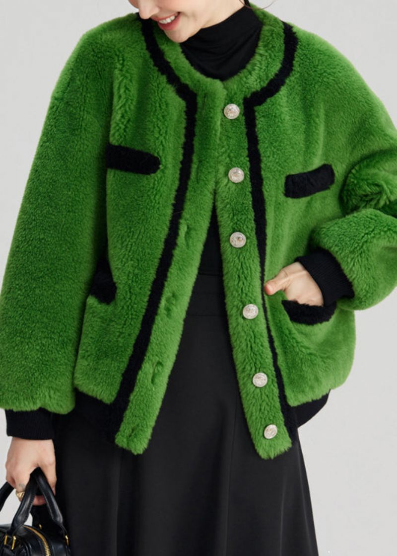 Elegante Groene Knoopzakken Pluizig Bont Pluizige Jassen Met Lange Mouwen - Dames winterjassen