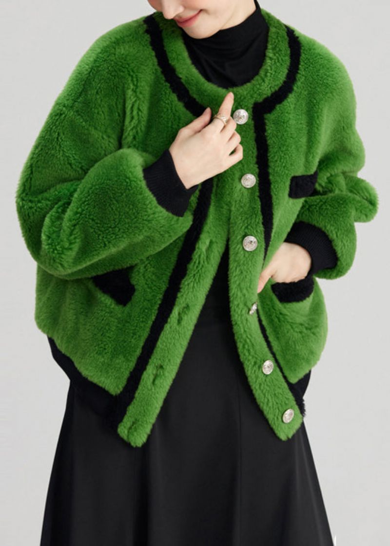 Elegante Groene Knoopzakken Pluizig Bont Pluizige Jassen Met Lange Mouwen - Dames winterjassen