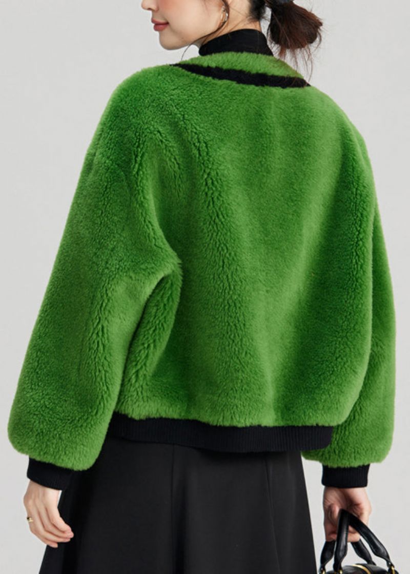 Elegante Groene Knoopzakken Pluizig Bont Pluizige Jassen Met Lange Mouwen - Dames winterjassen