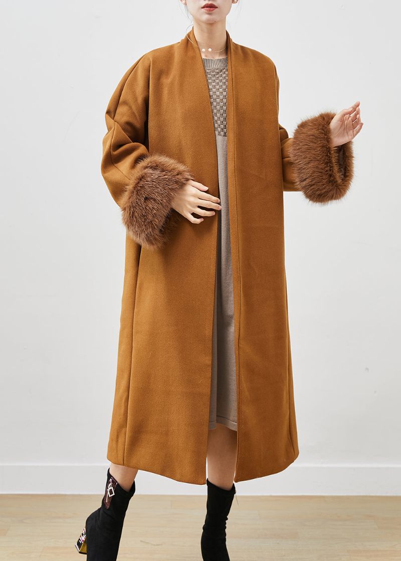 Elegante Kaki Oversized Wollen Trenchcoat Met V-hals En Lente - Dames winterjassen