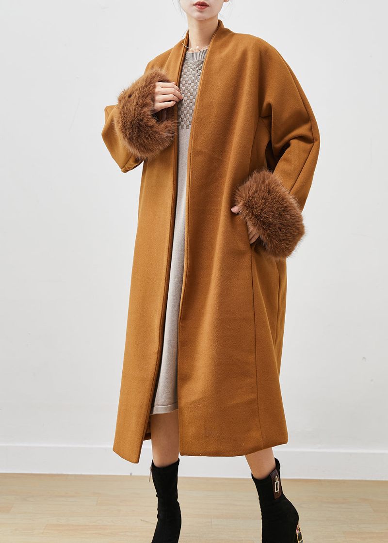 Elegante Kaki Oversized Wollen Trenchcoat Met V-hals En Lente - Dames winterjassen