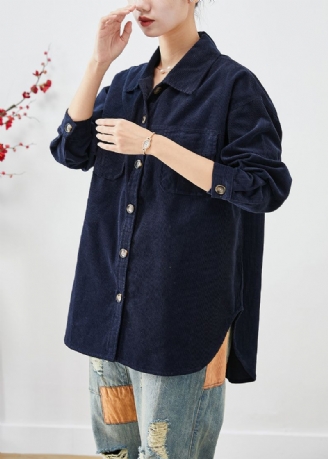 Elegante Marineblauwe Oversized Zakken Corduroy Jassen Herfst