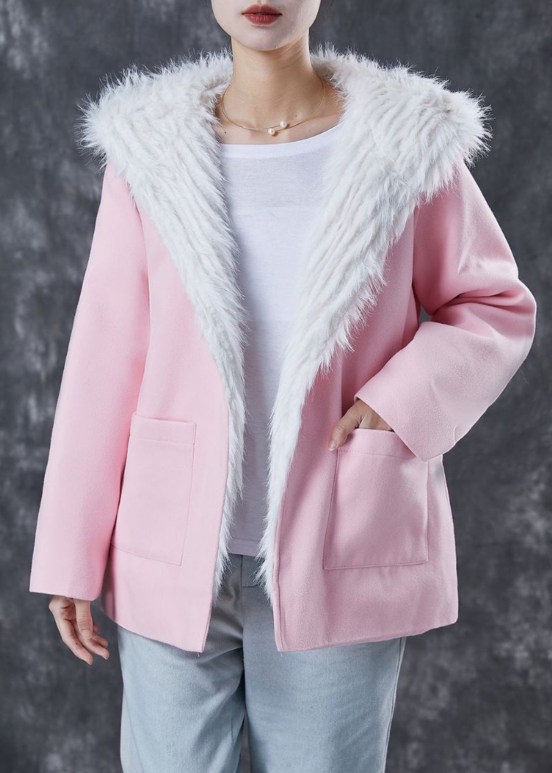 Elegante Roze Capuchonzakken Fuzzy Fox Gevoerde Wollen Jas Winter - Dames winterjassen