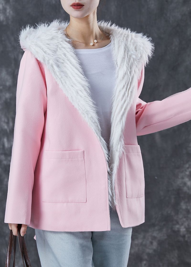 Elegante Roze Capuchonzakken Fuzzy Fox Gevoerde Wollen Jas Winter - Dames winterjassen