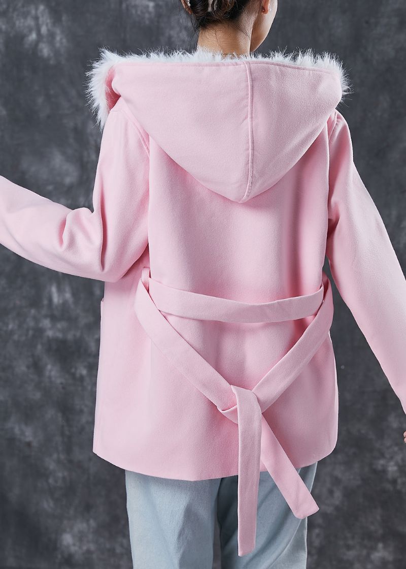 Elegante Roze Capuchonzakken Fuzzy Fox Gevoerde Wollen Jas Winter - Dames winterjassen