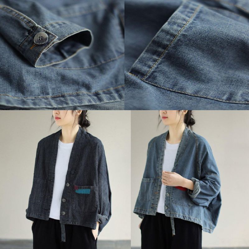 Elegante V-hals Button Down Lentekleding Mode-ideeën Denimblauwe Jassen - Groen