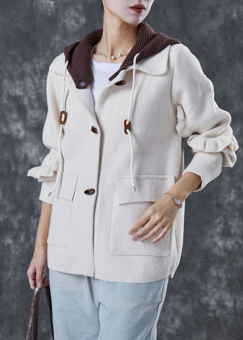 Elegante Witte Capuchon Patchwork Gegolfde Wollen Jassen Lente - Dames winterjassen