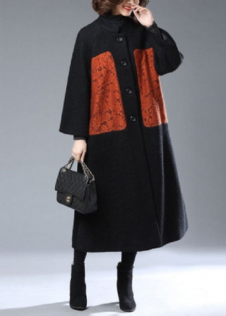 Elegante Zwarte Opstaande Kraag Oversized Wollen Jassen Met Print Winter