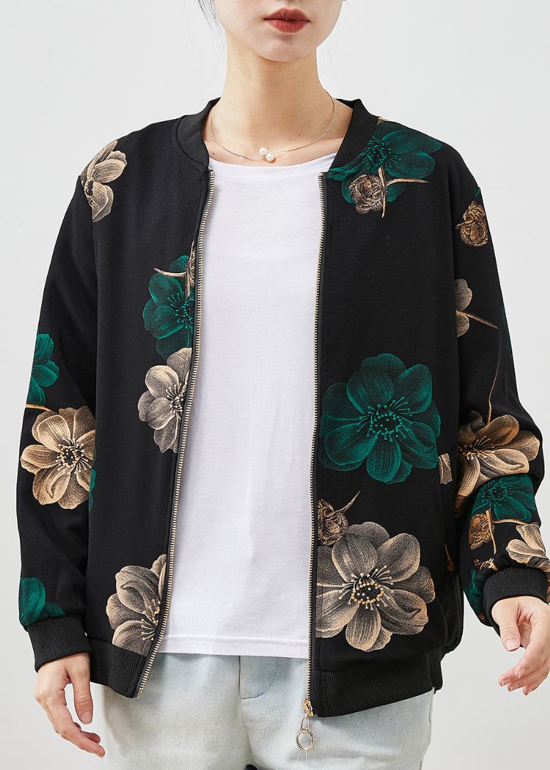 Fijn Groen Oversized Katoenen Jack Met Print Lente - Dames winterjassen