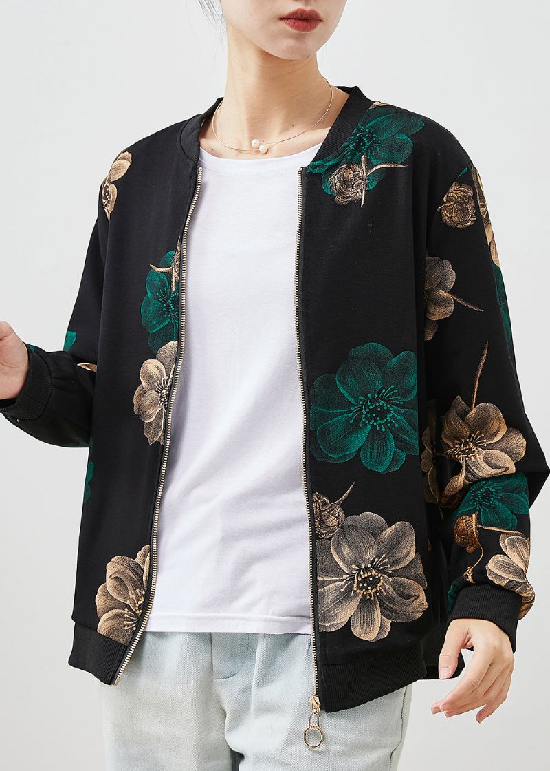 Fijn Groen Oversized Katoenen Jack Met Print Lente - Dames winterjassen