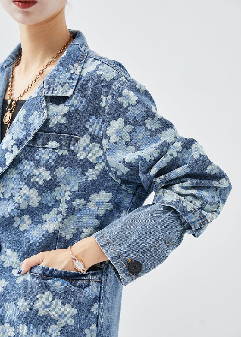 Fijne Denimblauwe Katoenen Jassen Met Asymmetrische Print Herfst - Dames winterjassen