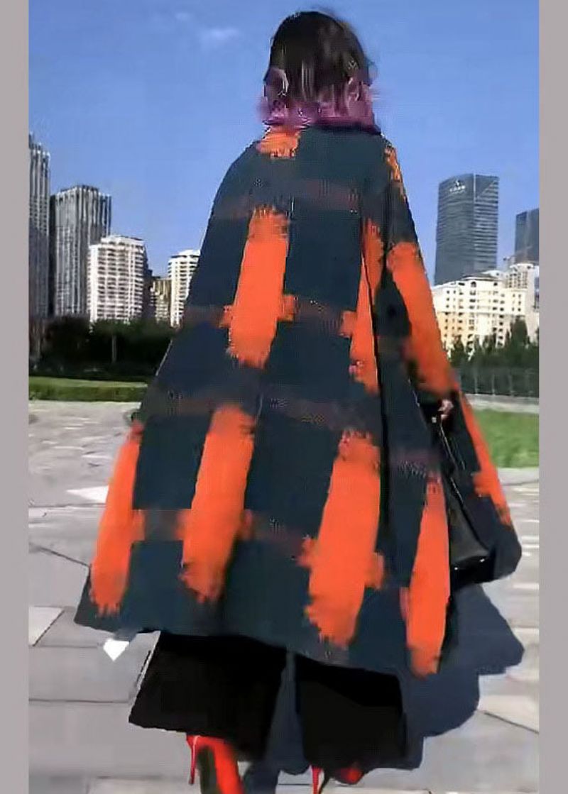 Fijne Oranje Print Wollen Losse Cirkel Wintertrenchcoats - Dames winterjassen