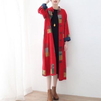 Fijne Rode Linnen Jas Oversized Patchwork Lang Katoenen Vest Chinese Knop Reiskleding