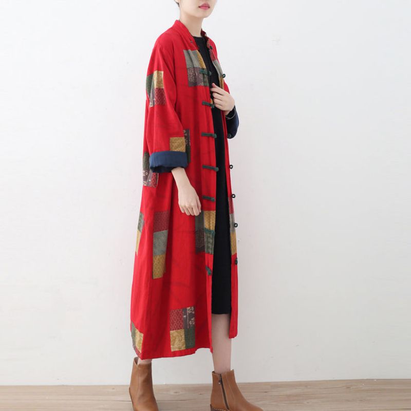 Fijne Rode Linnen Jas Oversized Patchwork Lang Katoenen Vest Chinese Knop Reiskleding - Dames winterjassen