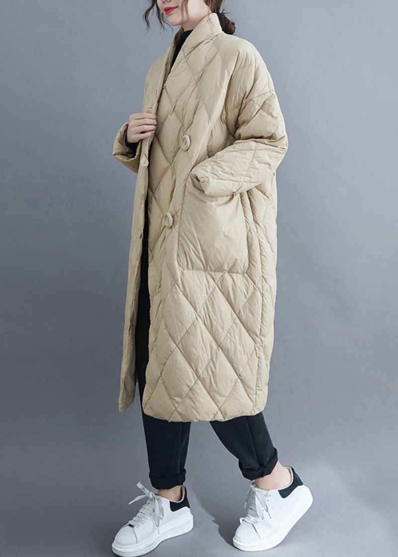 Frans Beige V-hals Knoopzakken Katoen Gevulde Lange Parka Winter - Dames winterjassen