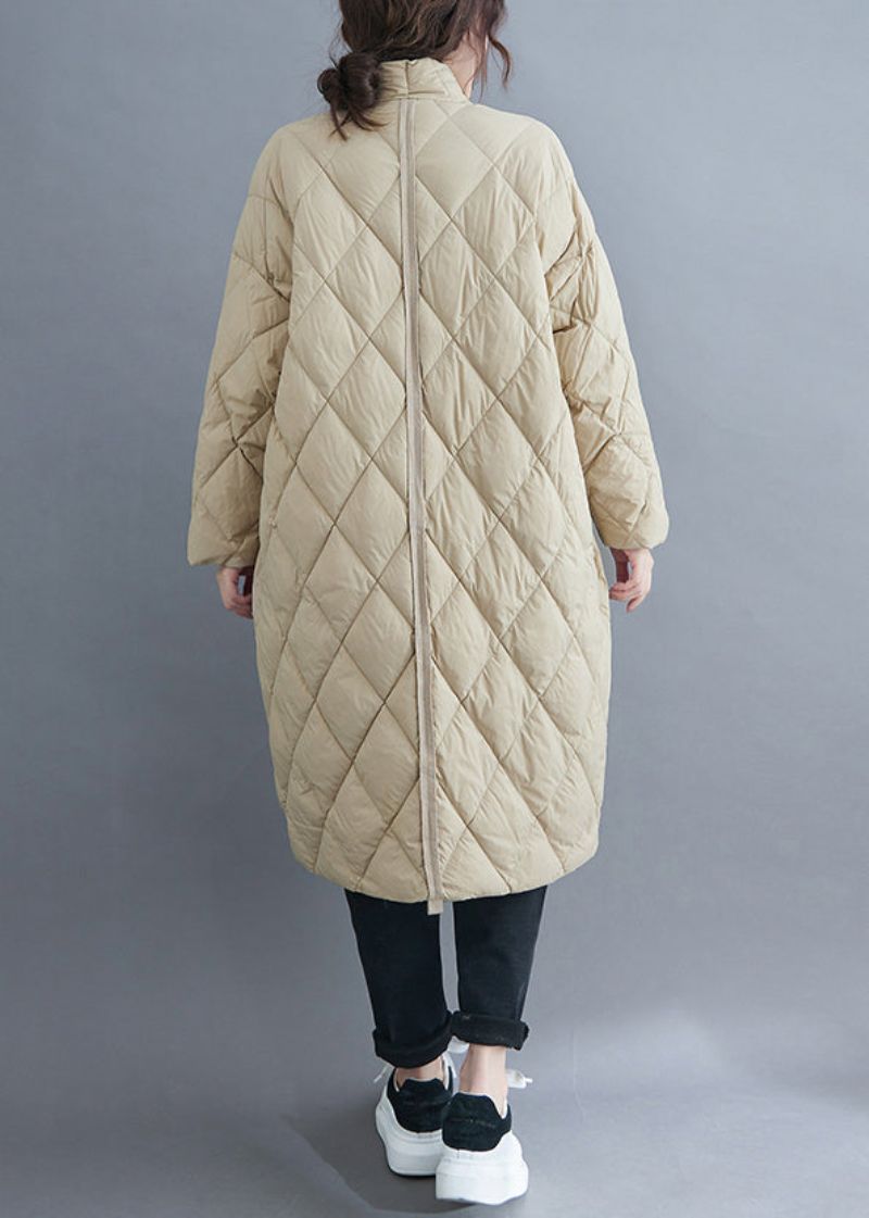 Frans Beige V-hals Knoopzakken Katoen Gevulde Lange Parka Winter - Dames winterjassen