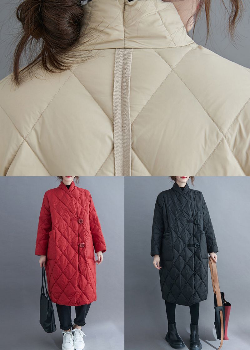 Frans Beige V-hals Knoopzakken Katoen Gevulde Lange Parka Winter - Dames winterjassen