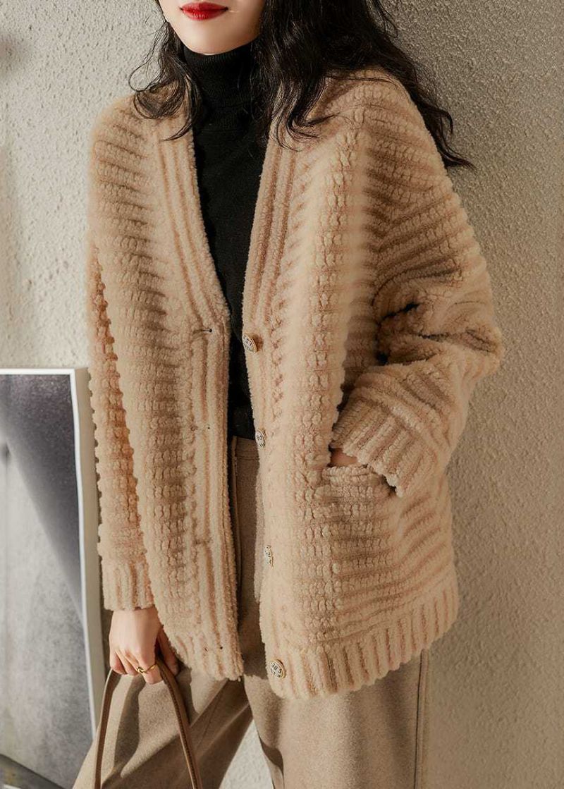 Frans Beige V-hals Zakken Patchwork Wollen Jassen Winter - Dames winterjassen