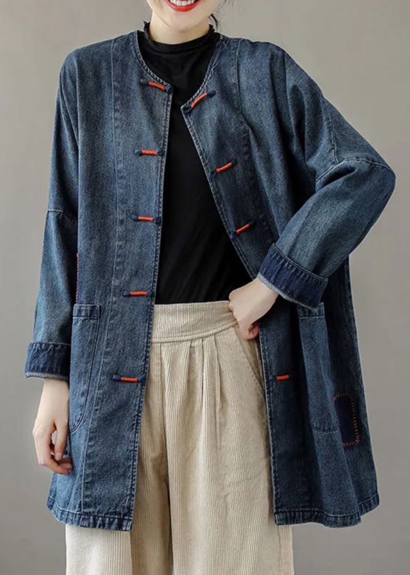 Franse Blauwe O-hals Zakken Patchwork Denim Jassen Met Lange Mouwen