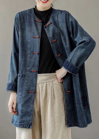 Franse Blauwe O-hals Zakken Patchwork Denim Jassen Met Lange Mouwen