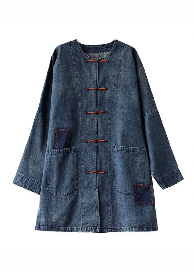 Franse Blauwe O-hals Zakken Patchwork Denim Jassen Met Lange Mouwen - Zwart Grijs