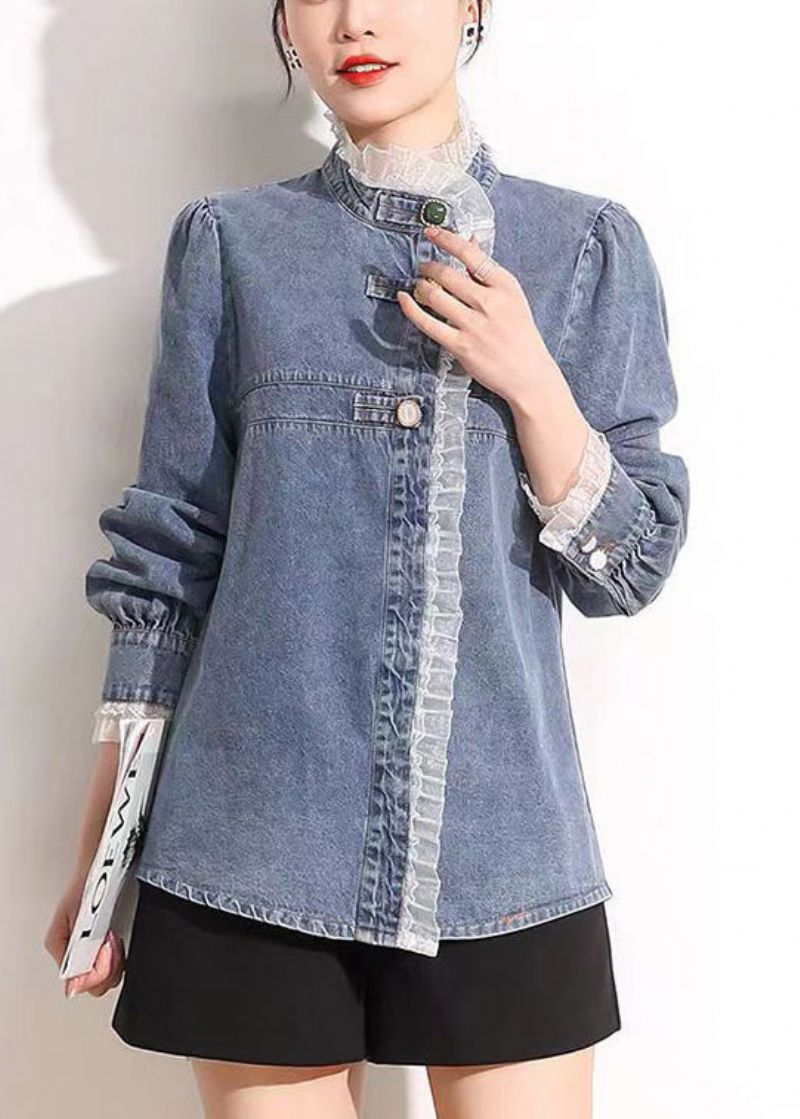 Franse Blauwe Opstaande Kraag Asymmetrisch Patchwork Kant Katoenen Denim Jassen Met Lange Mouwen