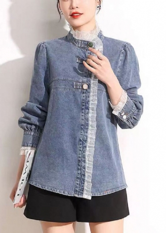 Franse Blauwe Opstaande Kraag Asymmetrisch Patchwork Kant Katoenen Denim Jassen Met Lange Mouwen