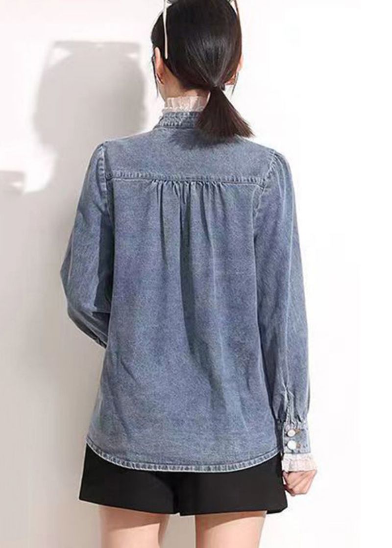 Franse Blauwe Opstaande Kraag Asymmetrisch Patchwork Kant Katoenen Denim Jassen Met Lange Mouwen - Dames winterjassen