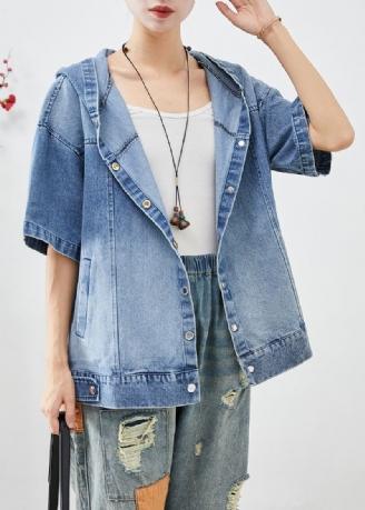 Franse Blauwe Oversized Denim Jas Met Korte Mouwen En Capuchon