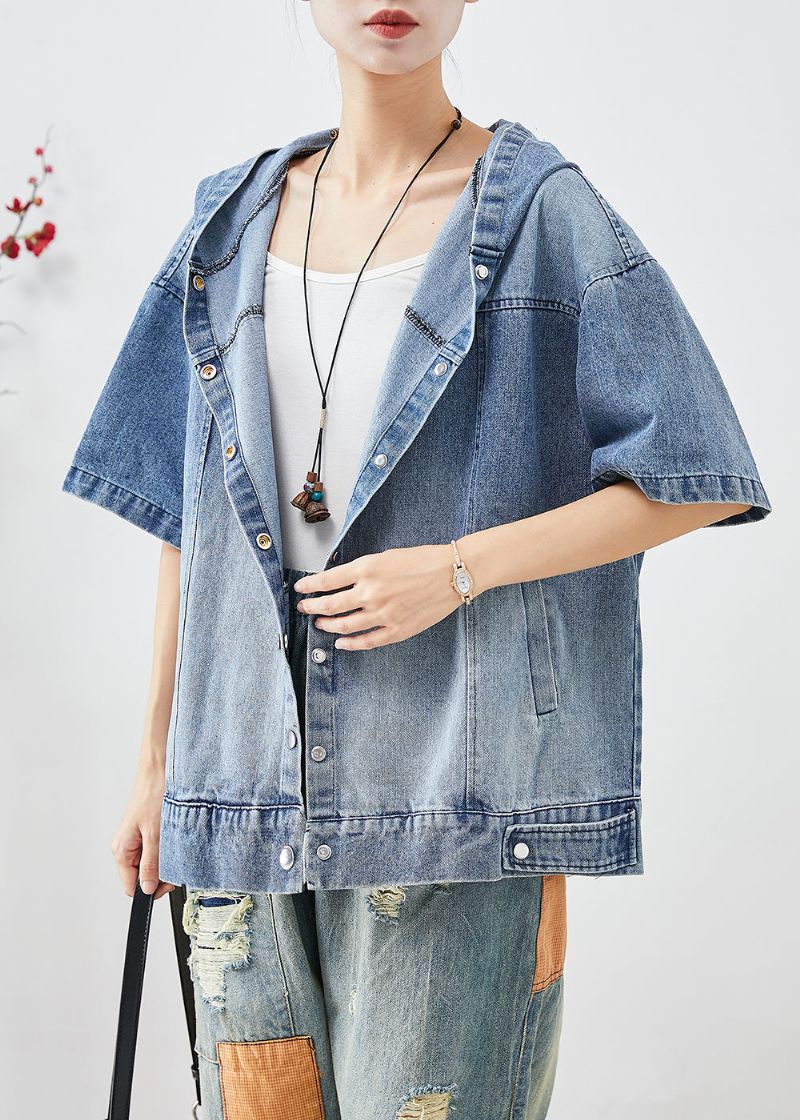 Franse Blauwe Oversized Denim Jas Met Korte Mouwen En Capuchon - Dames winterjassen