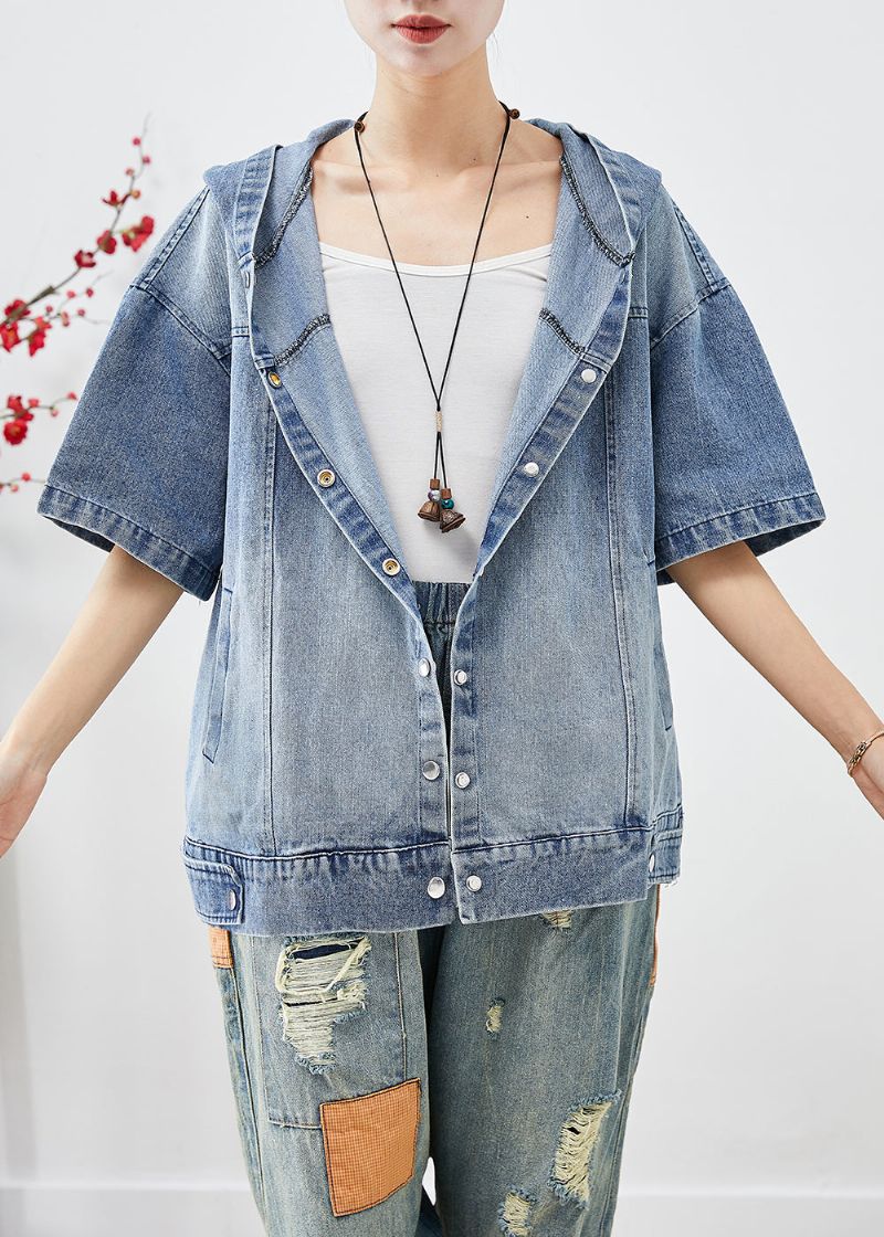 Franse Blauwe Oversized Denim Jas Met Korte Mouwen En Capuchon - Dames winterjassen