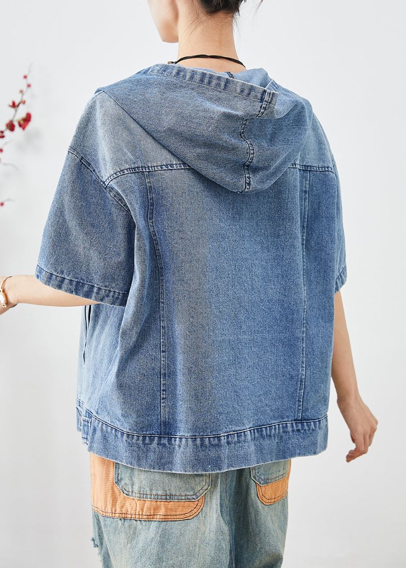 Franse Blauwe Oversized Denim Jas Met Korte Mouwen En Capuchon - Dames winterjassen