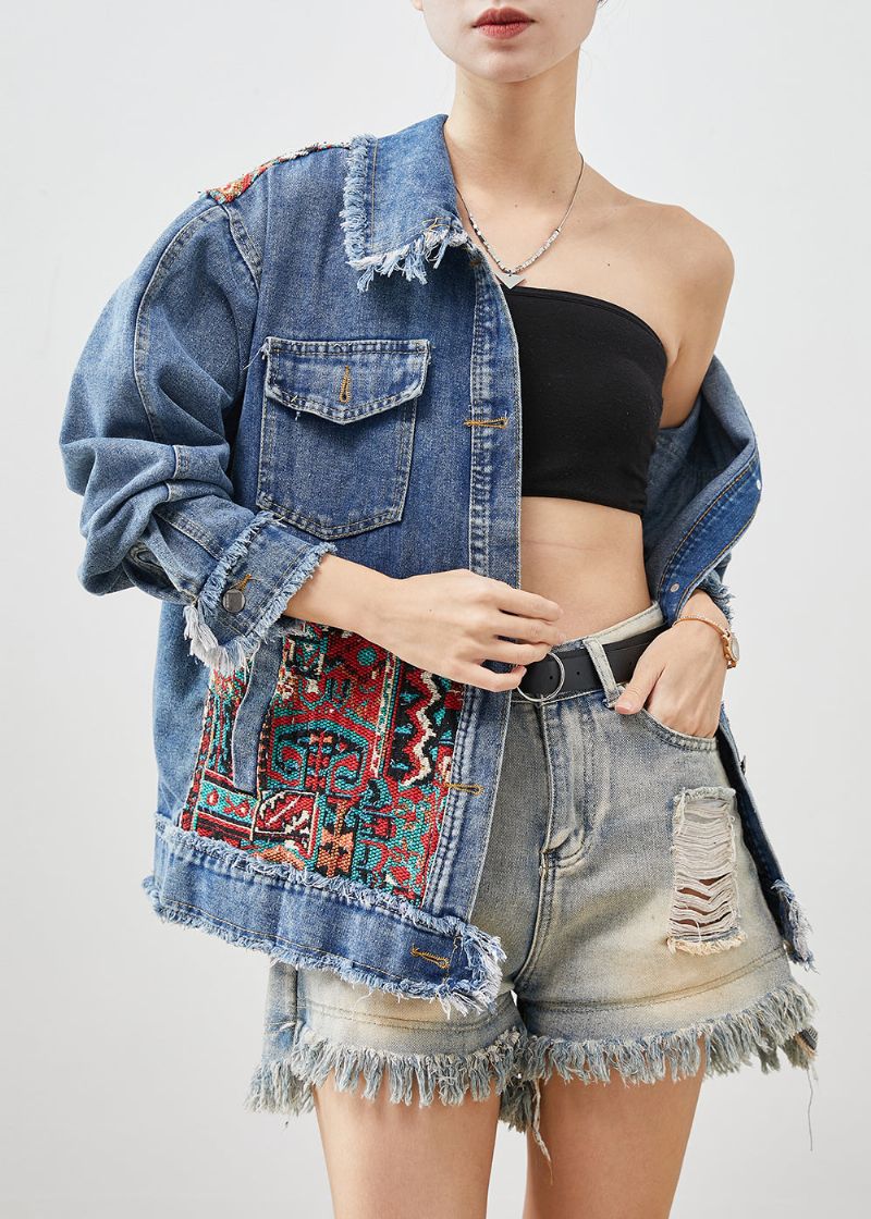 Franse Blauwe Oversized Denim Jassen Met Patchwork-appliqué Lente