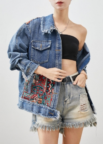 Franse Blauwe Oversized Denim Jassen Met Patchwork-appliqué Lente