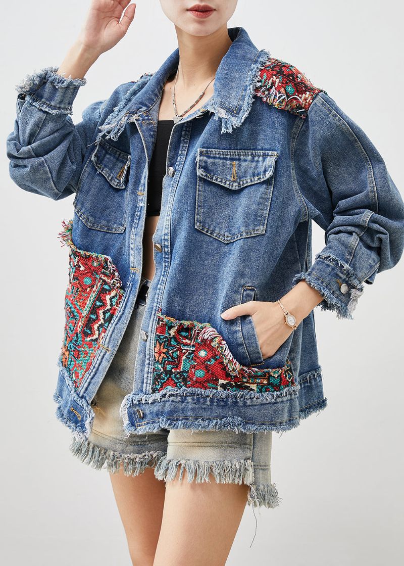 Franse Blauwe Oversized Denim Jassen Met Patchwork-appliqué Lente - Dames winterjassen