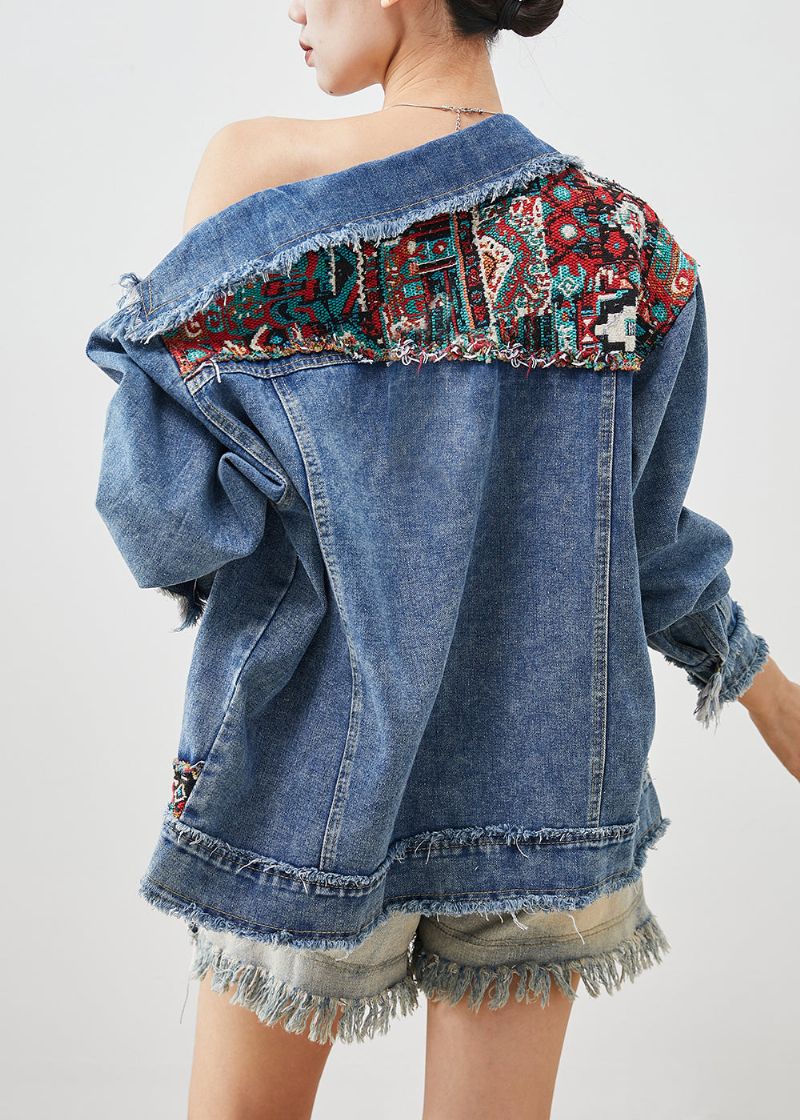 Franse Blauwe Oversized Denim Jassen Met Patchwork-appliqué Lente - Dames winterjassen