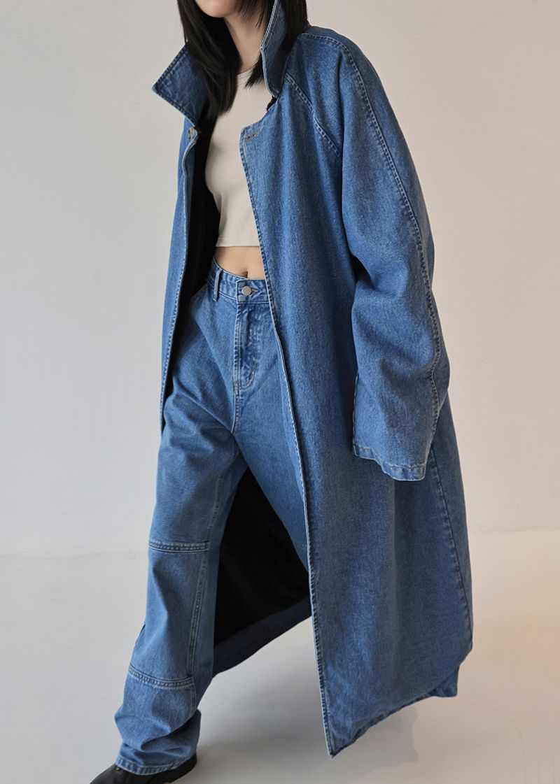 Franse Blauwe Oversized Slijtage Aan Beide Zijden Denim Trenchcoat Herfst