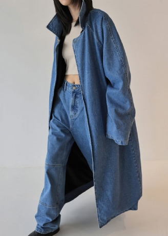 Franse Blauwe Oversized Slijtage Aan Beide Zijden Denim Trenchcoat Herfst