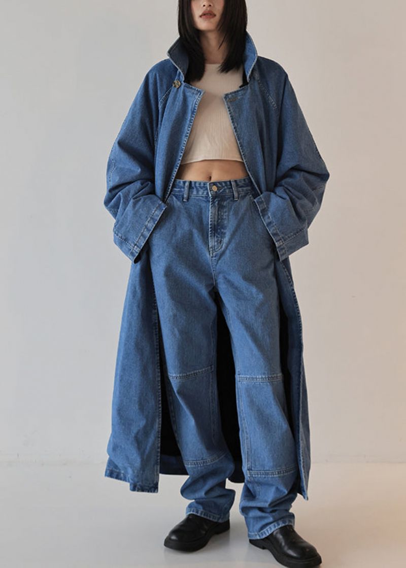 Franse Blauwe Oversized Slijtage Aan Beide Zijden Denim Trenchcoat Herfst - Dames winterjassen