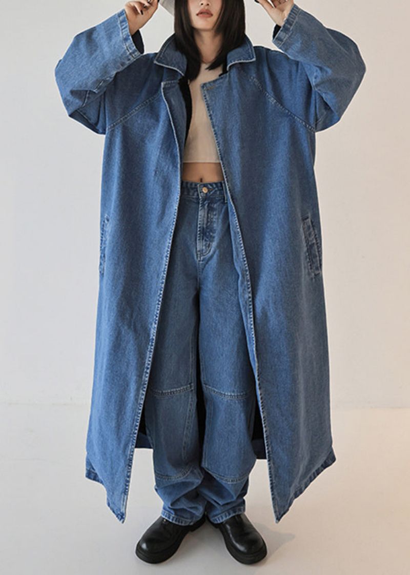 Franse Blauwe Oversized Slijtage Aan Beide Zijden Denim Trenchcoat Herfst - Dames winterjassen