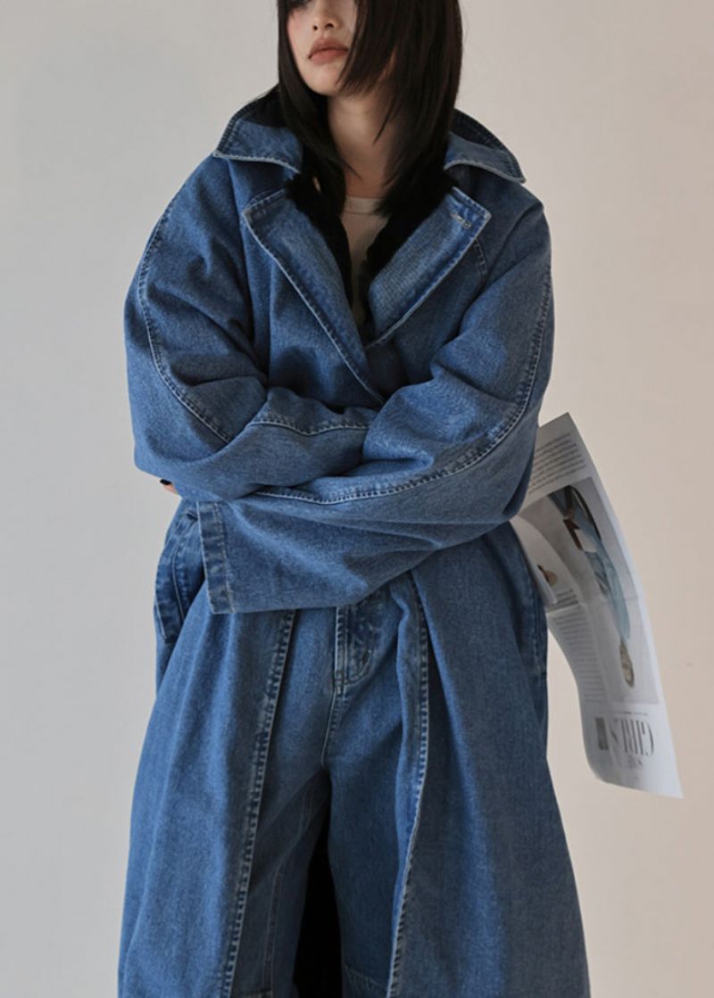 Franse Blauwe Oversized Slijtage Aan Beide Zijden Denim Trenchcoat Herfst - Dames winterjassen