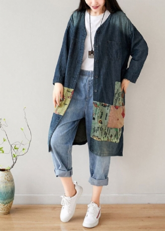 Franse Blauwe Zakken Met V-hals En Patchwork-denimjassen Lente