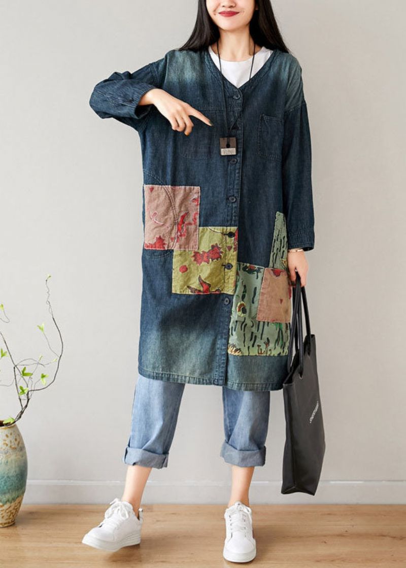 Franse Blauwe Zakken Met V-hals En Patchwork-denimjassen Lente - Dames winterjassen