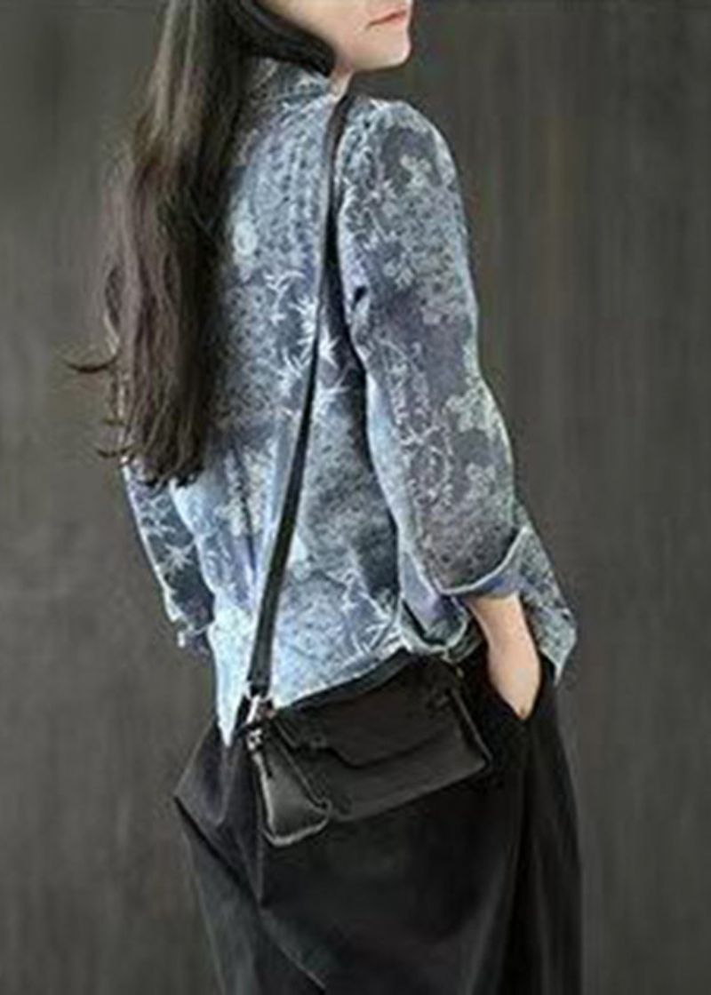 Franse Blauwe Zakken Print Denim Jassen Met Lange Mouwen - Blauw