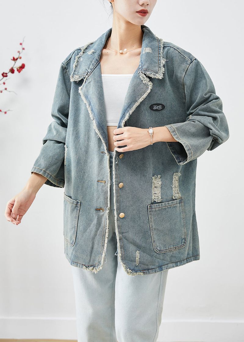 Franse Blauwgrijze Oversized Zakken Denim Gescheurde Jas Uitloper Herfst